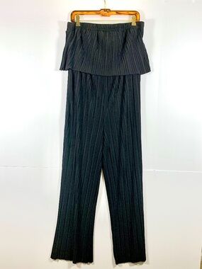 XL Boho Chic Black micro pleated strapless wide-leg jumpsuit cocktail party goth
